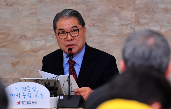 이재정 경기도교육감이 9일 수원 경기도교육청 남부청사에서 신년 기자 감담회를 갖고 있다./ 조병석기자 cbs@