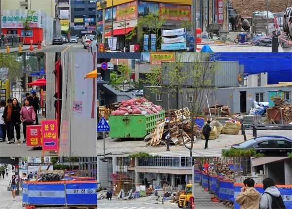 용인시 역북지구에서 공사업체들이 공사 자제를 인도와 도로 곳곳에 무단으로 점거하고, 인도를 무시한 공사 진행으로 인해 시민들의 안전을 위협하고 있다./조병석 기자