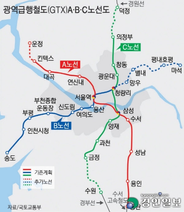 광역급행철도(GTX) A·B·C 노선도. /경인일보DB