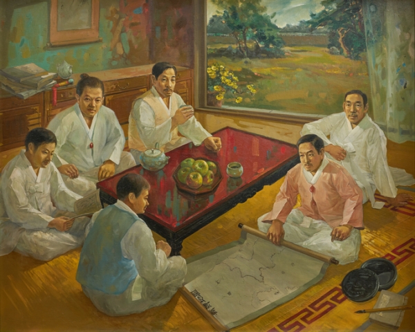 ▲ 이석영 6형제의 망명 논의 상상화. 사진 하단에서부터 시계방향으로 석영, 호영, 건영, 철영, 시영, 회영. (사진=우당기념관 제공)