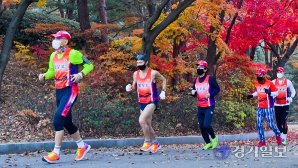 제18회 경기마라톤대회가 지난 13~15일까지 전국에서 개최됐다. 15일 오전 수원시 마라톤 동호회 ‘팔달모’ 회원들이 거리를 유지한 채 서장대 일대를 달리고 있다. 윤원규기자