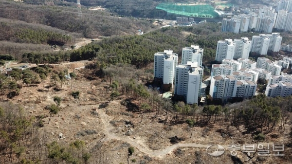27일 오전 용인시 기흥구 청덕동 산 27-6 일대 법화산자락이 시의 행정실수로 인해 파헤쳐진 모습. 이곳은 2년 남짓 벌거숭이가 된 채 방치돼 있다. 김영운기자