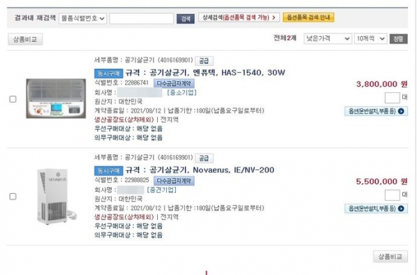 조달가 부풀리기 의혹 제기 이전 조달청 나라장터 종합쇼핑몰에서 구급차 동시구매 옵션으로 판매되던 공기살균기 제품들. A사는 노바이러스사 공기살균기를 550만 원에 판매하고 있었다.