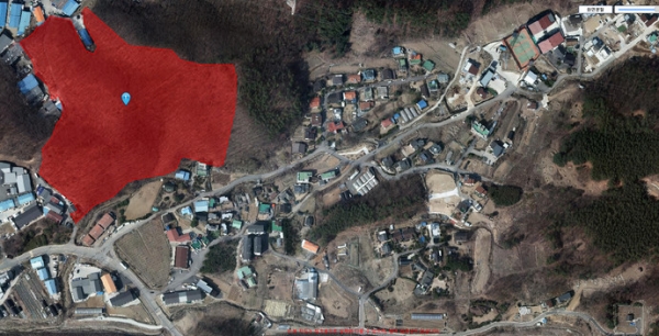 학동산단(빨간색 부분)추진지역 바로 옆에는 학동1,2,3리, 선동리, 신대리, 늑현리 500세대 1,500여명과 학동3리 하오개마을 130세대 300여명 살고 있다. 광주시에서는 유일하게 주택단지를 형성하고 있는 곳이다. 사진=무진스님