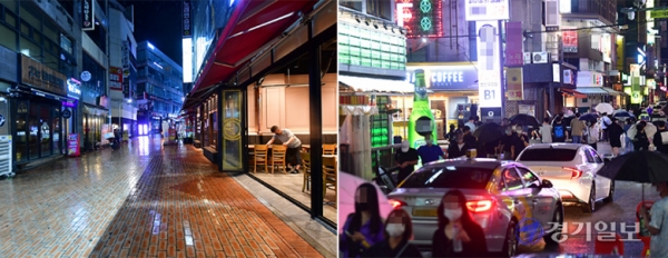 서로 다른 영업시간 제한 조치를 악용, 수도권에서 인접한 비수도권으로 원정 유흥을 떠나는 꼼수가 성행하고 있다. 지난 23일 오후 8시50분께 영업제한 시간을 10분 앞둔 평택시 소사벌상업지구내 먹자골목이 한산한 모습이다(왼쪽). 같은 날 오후 10시께 충청남도 천안시 두정먹자골목이 젊은이들로 붐비고 있다. 조주현기자