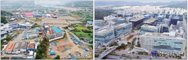 경기북부지역 산업단지가 각종 규제와 인프라 부족으로 쇠락의 길을 걷고 있다. 5일 공장들이 빠져나가면서 듬성듬성한 모습을 보이고 있는 연천군 청산 대전 일반산업단지(왼쪽)와 고층 건물들로 조성된 성남시 판교테크노밸리가 극명한 대조를 보이고 있다. 김시범ㆍ조주현기자