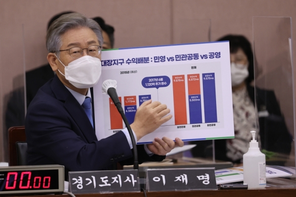 ▲ 더불어민주당 대선 후보인 이재명 경기도지사가 18일 오전 경기도청에서 열린 국회 행정안전위원회의 경기도에 대한 국정감사에서 성남 대장동 관련 질의에 답변하고 있다. /김철빈 기자