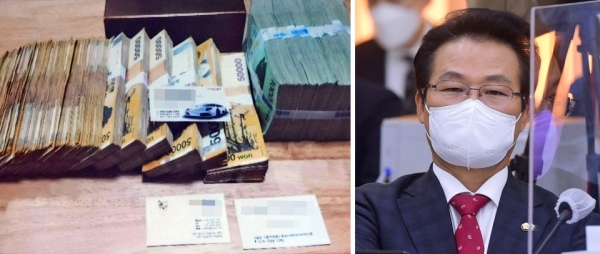지난 10월 18일 경기도 수원시 경기도청에서 열린 국회 행정안전위원회의 경기도에 대한 국정감사장에서 '돈다발 사진'을 제시하며 이재명 대선후보 연루를 주장한 국민의힘 김용판 의원. /사진=연합뉴스