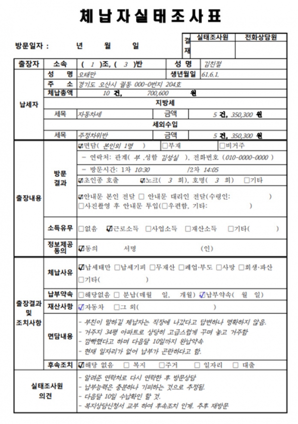 경기도가 체납관리단에게 배포한 체납자 실태 조사표