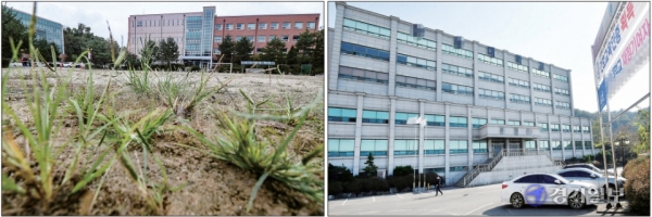 경기도내 일부 대학이 신입생 감소 및 재정난에 허덕이고 있다. 사진은 운동장에 잡초가 무성한 파주시 웅지세무대학(왼쪽)과 한산한 모습을 보이는 화성시 신경대학교./ 김시범,조주현기자