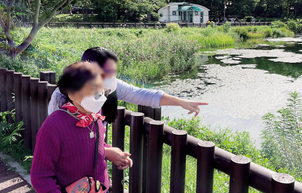 “엄마, 여기 기억 나?” 지난 주말 가을햇살이 가득한 성남시 율동공원 호숫가에서 딸 이은경씨(47)가 치매판정을 받은 엄마의 손을 꼭 잡은 채 옛 추억을 이야기하고 있다. 장희준기자