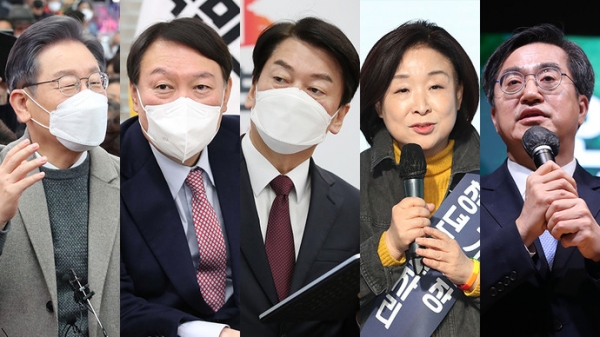 (왼쪽부터) 지난 26일 오전 전남 목포시 동부시장을 방문, 즉석연설 중인 더불어민주당 이재명 대선후보, 서울 여의도 당사에서 아이보시 고이치 주한 일본대사를 접견하는 국민의힘 윤석열 대선 후보, 국회에서 '청년 펜타곤 정책-종합편'을 발표하는 국민의당 안철수 대선 후보, 28일 서울 마포구 가온스테이지에서 열린 청년정의당 선거대책위원회 출범식에서 발언하는 정의당 심상정 대선 후보, 이날 오전 경남 김해시 남명아트홀에서 열린 경상남도당 창당대회에서 인사말 하는 김동연 새로운물결 대선 예비후보 겸 중앙당 창당준비위원장. 사진=연합뉴스