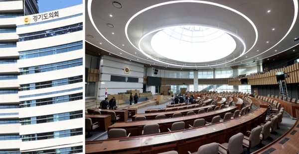 ▲ 경기도의회 신청사 입주를 앞둔 18일 오후 본회의장(오른쪽)과 부대시설이 막바지 공사를 하고 있다. 수원시 영통구 이의동에 있는 신청사는 지하 4층, 지상12층, 건축 총 면적 3만3000㎡ 규모로 의장실·상임위원장실 등을 포함해 모두 142개의 사무실이 마련돼 있다. 도의회는 오는 24일부터 신청사에서 업무를 개시한다. /김철빈 기자