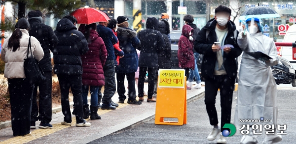 국내에서 처음으로 코로나19 확진자가 나온 지 만 2년을 하루 앞둔 19일 오후 평택시 송탄보건소 선별진료소가 코로나19 검사를 받기 위한 시민들로 붐비고 있다. 국내에선 지금까지 총 70만여 명이 감염됐고, 이 가운데 6천여 명이 목숨을 잃었다. 2022.1.19 /김도우기자