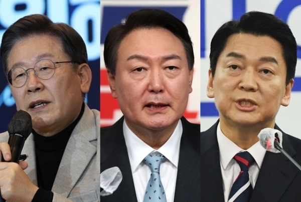 (왼쪽부터) 더불어민주당 이재명 후보, 국민의힘 윤석열 후보, 국민의당 안철수 후보