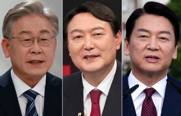 ▲ 왼쪽부터 더불어민주당 이재명 후보, 국민의힘 윤석열 후보, 국민의당 안철수 후보