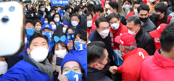 더불어민주당 이재명 대선 후보가 16일 서울 강남구 강남역 인근에서 열린 ‘JM은 강남스타일!’ 선거유세에 앞서 선거운동원들과 기념촬영을 하며 예열했다.(왼쪽)국민의힘 윤석열 대선 후보가 16일 오후 전북 전주시 덕진구 전주역에서 열린 ‘통합하는 대통령 전북을 위한 진심!’ 전주 거점유세에서 단상으로 오르기 전 지지자들과 인사를 나눴다. /연합뉴스