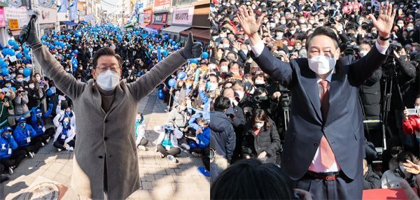 더불어민주당 이재명 대선 후보가 24일 강원도 원주시 중앙로 문화의거리에서 열린 유세에서 지지자에게 인사하고 있다. 국민의힘 윤석열 대선 후보가 24일 오후 수원시 팔달문 앞에서 지지자들에게 두 손을 들어 답례하고 있다. /연합뉴스·홍승남 기자
