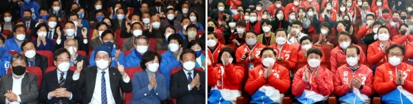 ▲ 제20대 대통령선거일인 9일 더불어민주당 이낙연 총괄선대위원장과 송영길 대표, 윤호중 원내대표, 추미애 명예선대위원장 등 당 지도부가 오후 서울 여의도 국회 의원회관 개표 상황실에서 방송 3사 출구조사 결과를 지켜보며 환호하고 있다(왼쪽). 국민의힘 이준석 대표, 권영세 선대본부장 등이 같은날 서울 여의도 국회 도서관에 마련된 제20대 대선 개표상황실에서 출구조사 결과가 발표되자 박수치고 있다(오른쪽). /연합뉴스