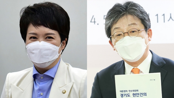 8일 오전 국회에서 열린 국민의힘 제8회 전국동시지방선거 광역단체장 공천신청자 면접을 보는 국민의힘 김은혜 의원(왼쪽)과 지난 5일 오전 경기도 수원시 국민의힘 경기도당에서 열린 기자간담회에서 발언하는 유승민 전 의원. /사진=연합뉴스