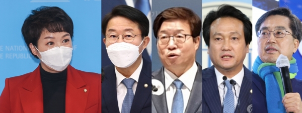 (왼쪽부터)국민의힘 김은혜 후보와 민주당 조정식·염태영·안민석·김동연 예비후보 /사진=연합뉴스