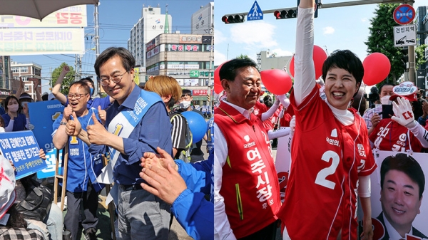 26일 경기도 양주시 롯데리아 양주리치마트점 앞에서 열린 유세에서 지지자들과 인사하는 더불어민주당 김동연 경기도지사 후보(왼쪽), 경기도 여주시 세종로 여주한글시장에서 열린 유세에서 지지자에게 인사하는 김은혜 국민의힘 후보. 연합뉴스