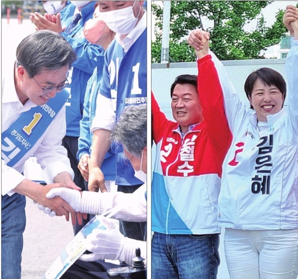 김동연 더불어민주당 경기도지사 후보는 지난 5월 31일 화성시에서 유세를 하고 있다.(김동연 캠프 제공) 김은혜 국민의힘 경기도지사 후보는 성남 야탑역 앞에서 유세를 하고 있다. /사진=허수빈 기자