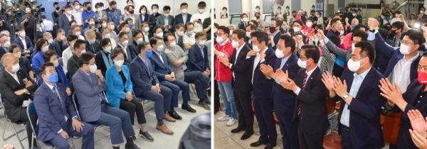 ▲ 제8회 전국동시지방선거일인 1일 오후 수원시 팔달구 더불어민주당 김동연 경기도지사 후보 캠프 선대위 관계자들이 심각한 표정으로 방송 출구조사 발표를 지켜보고 있다(왼쪽).국민의힘 김은혜 캠프에서 지지자들과 선대위 관계자들이 출구 조사에서 앞서자 박수를 치고 있다. /김철빈 기자