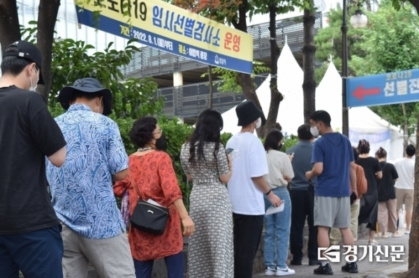 ▲ 2일 분당보건소 선별진료소 앞 코로나19 확진 검사를 위해 시민들이 줄을 서서 기다리고 있다. 야탑역 광장 임시선별검사소 운영을 알리는 현수막이 걸려있다. (사진=정창규 기자)