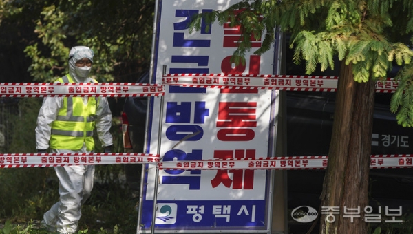 아프리카돼지열병(ASF)이 발생한 평택시의 한 양돈농장 입구에서 29일 오전 관계자가 출입을 통제하고 있다. 홍기웅기자