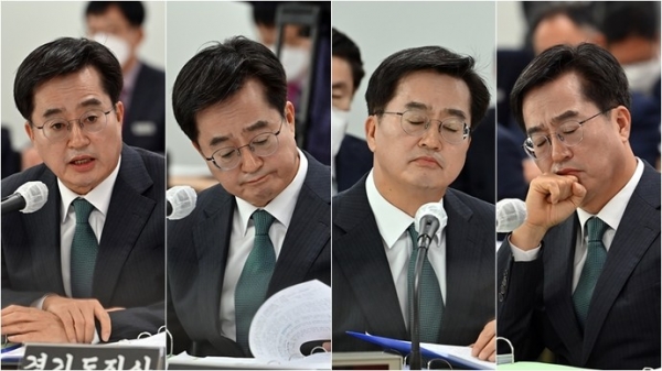 김동연 경기도지사가 18일 오전 수원시 영통구 경기도청에서 열린 국회 행정안전위원회의 경기도에 대한 국정감사에서 의원 질의에 다양한 표정으로 답변을 하고 있다.  노민규기자