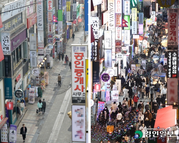 지난달 29일 밤 이태원 압사 참사사고로 많은 사상자가 발생하자 경기도내에서도 인파가 밀집할 수 있는 공간들에 대해 지자체가 점검을 하고 안전대책을 마련해야 한다는 지적이 나오고 있다. 사진은 1일 수원역 로데오거리(왼쪽)과 지난해 연말 붐볐던 수원역 로데오거리. /경인일보 DB · 이지훈기자 jhlee@kyeongin.com