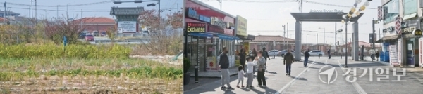 주한미군의 평택 이전을 앞둔 가운데 캠프 험프리스가 자리 잡은 팽성읍 일대의 상권 형성을 위해선 규제 해소가 필요하다는 지적이다. 사진은 농업진흥지역으로 묶인 캠프 험프리스 윤게이트 앞 토지(왼쪽)와 고도제한에 걸려 있는 안정리 로데오거리. 윤원규기자