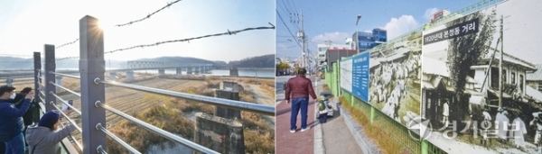문화재로 지정받지 못한 채 잊혀져 가는 도내 근대문화유산에 대한 보존·기록의 필요성이 대두되고 있다. 사진은 파주미래유산으로 선정된 임진강 철교(왼쪽)와 근대기 평택의 중심지였던 원평동의 모습이 기록된 공영주차장 울타리. 윤원규기자