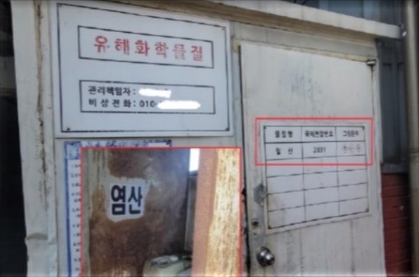 유해화학물질 보관시설 표기 미이행. 경기도 제공