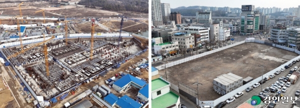 부동산경기 침체 등으로 경기도 내 곳곳에서 건설사들이 아파트, 오피스텔 개발을 포기하거나 미분양으로 난항을 겪고 있다. 사진은 분양률 50%를 가까스로 넘긴 수원시 고색동 한 오피스텔 단지(왼쪽)와 시공사를 찾지 못해 수년째 방치돼 있는 용인 신갈동의 한 오피스텔 부지. 2023.2.9 /임열수기자