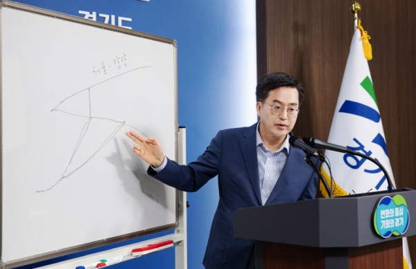 3일 오전 경기도청 브리핑룸에서 김동연 경기도지사가 서울~양평 고속도로 사업 관련 입장발표를 하고 있다. /경기도 제공