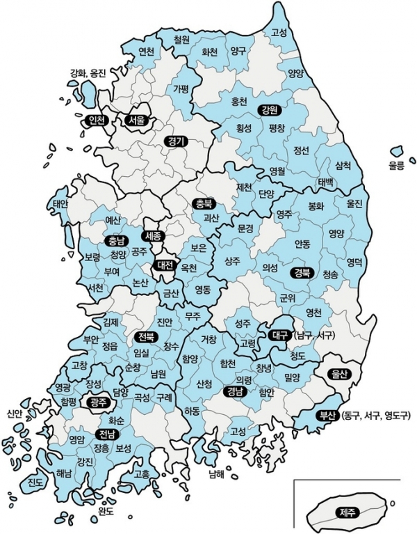 ▲ 2021년 10월 행정안전부가 지정한 인구감소지역 89곳. (사진=행정안전부 제공)