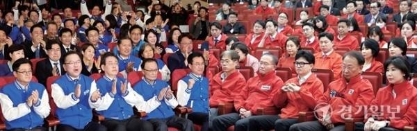 제22대 국회의원선거일인 10일 오후 더불어민주당 이재명 대표(왼쪽)와 국민의힘 한동훈 비상대책위원장이 각 당 개표상황실에서 당직자들과 총선 출구조사 결과를 지켜보고 있다. 사진공동취재단
