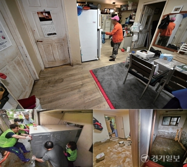 지난 2022년 기록적인 폭우로 큰 피해를 입었던 경기지역 반지하 주택 주민들이 장마철을 앞두고 불안에 떨고 있다. 19일 수원특례시 권선구 고색동 한 반지하 주택 내부에 2년 전 발생했던 침수 피해 흔적이 여전히 남아 있다. 아래 사진은 2022년 7월 침수 당시의 처참했던 모습. 김시범기자·경기일보DB
