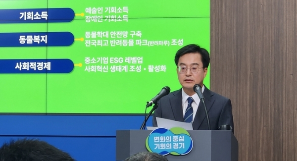 ▲ 지난해 6월 30일 김동연 경기도지사가 민선8기 취임 1주년 기자회견을 열고 기회소득 등 역점정책을 설명하고 있다. (사진=이유림 기자)