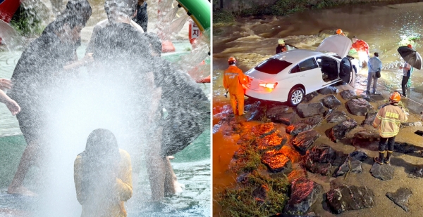 기후변화로 인해 올해 여름 날씨가 극단적으로 변하고 있다. 6일 오후 수원시 권선구 한 물놀이장에서 시민들이 찜통더위를 피하고 있다(왼쪽). 5일 오후 국지적 호우로 양평군 양근천 인근 둔치주차장이 침수돼 소방당국이 차량을 견인하고 있다. /김철빈 기자·사진제공=양평소방서