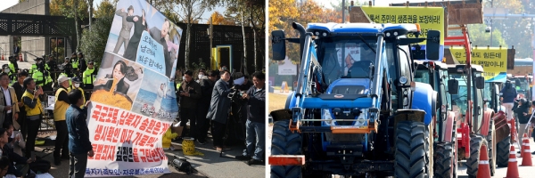 31일 오전 파주 임진각 국립 6·25전쟁 납북자기념관에서 열린 '대북 전단 살포 집회'에 자유북한운동연합 회원들이 김정은을 규탄하는 현수막을 펼치고 있다.(왼쪽) 같은 시각 '대북 전단 살포 집회'를 저지하기 위해 민통선 주민들이 트랙터 시위를 벌이고 있다. /이호윤 기자