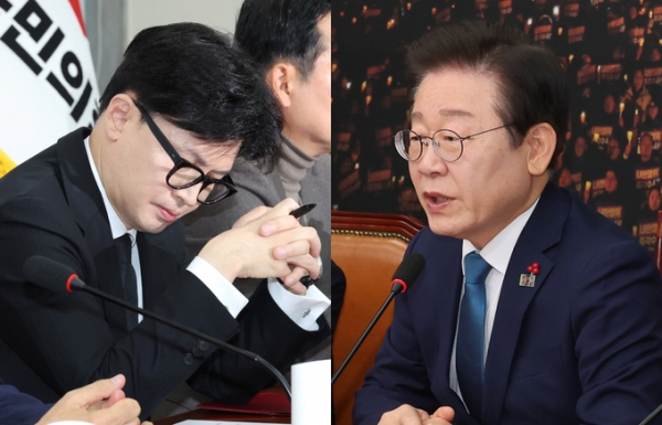 한동훈 국민의힘(왼쪽) 대표와 이재명 더불어민주당 대표가 5일 각각 국회에서 열린 당 최고위원회의, 비상최고위원회의에 참석해 있다. /사진=연합뉴스