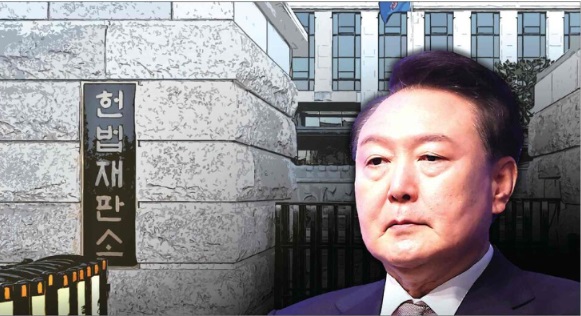 윤석열 대통령 탄핵소추안이 국회에서 가결되면서 이제 헌법재판소의 판결만이 남았다. 헌법재판소는 16일 오전 첫 재판관 회의를 소집해 탄핵 심판 심리에 돌입한다. 사진은 윤 대통령과 헌법재판소 청사 합성. 조주현기자 경기일보DB