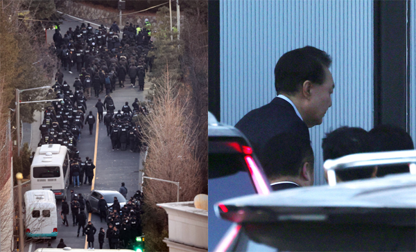 15일 서울시 용산구 한남동 대통령 관저에서 고위공직자범죄수사처와 경찰이 경호처 저항 없이 내란 우두머리와 직권남용 권리행사 방해 혐의를 받는 윤석열 대통령에 대한 2차 체포영장 집행에 나선(왼쪽) 뒤 윤 대통령이 정부과천청사 내 고위공직자범죄수사처에 출석하고 있다. /연합뉴스