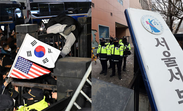 내란 우두머리 혐의로 체포된 윤석열 대통령의 구속 전 피의자심문(영장실질심사)이 열린 지난 18일 서울서부지법에서 윤 대통령 지지자들이 법원 담장을 넘으려 시도했다(왼쪽). 이들이 난입해 불법 폭력 사태를 일으킨 다음 날 오전 서부지법 외벽과 창문 등 시설물이 파손돼 있다. /연합뉴스