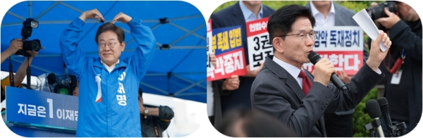(왼쪽) 이재명 더불어민주당 대선 후보가 15일 전남 여수시 이순신 광장에서 열린 집중 유세에서 연설을 마친 후 시민들에게 하트를 만들고 있다. (오른쪽) 김문수 국민의힘 대선 후보가 15일 서울 서초구 대법원 앞에서 열린 사법부 수호 및 더불어민주당 규탄대회에서 발언하고 있다. (사진=연합뉴스)