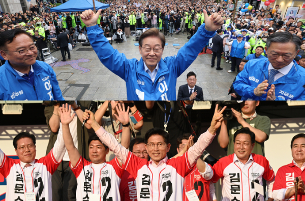 이재명 더불어민주당 대선 후보(위), 김문수 국민의힘 대선 후보가 21대 대통령선거 유세를 하고 있다. (사진=옥지훈 기자)